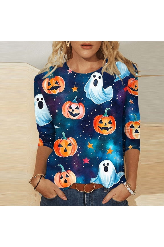 Fall Outfits for Women 2025 3/4 Length Sleeve Womens Tops Halloween Print Oversize Crew Neck T-Shirt Tops Ladies Halloween Graphic Round Neck Loose Fits Plus Size Three Quarter Sleeve Shirts