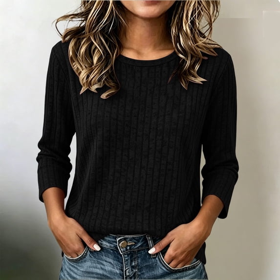 Yteetum Fall Sweaters for Women 3/4 Sleeve Round Neck Pullover Sweater Shirts Womens Casual Solid Loose Comfy 3/4 Length Sleeve Base Layer Sweater Tops