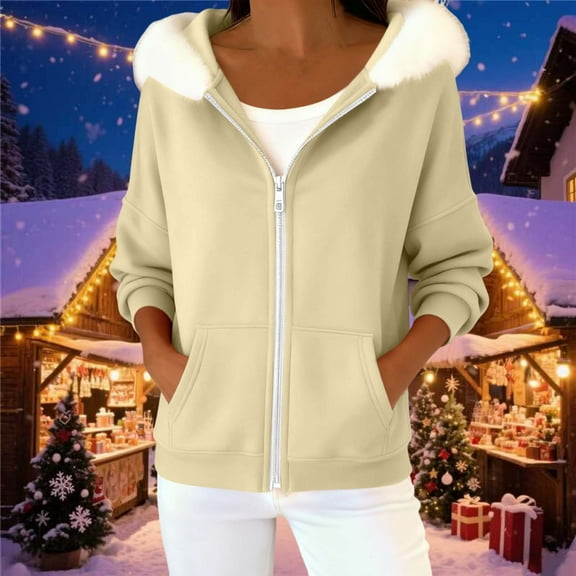 Yteetum Faux Fur Trim Hoodies for Women Oversized Fuzzy Fleece Zip Up Hooded Sweatshirts Outwear Womens Casual Solid Loose Drop Shoulder Long Sleeve Faux Fur Hood Jackets Fluffy Coat with Pockets
