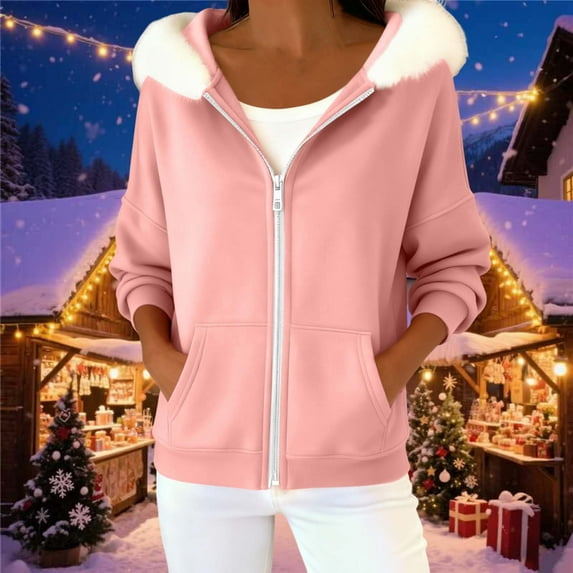 Yteetum Faux Fur Trim Hoodies for Women Oversized Fuzzy Fleece Zip Up Hooded Sweatshirts Outwear Womens Casual Solid Loose Drop Shoulder Long Sleeve Faux Fur Hood Jackets Fluffy Coat with Pockets