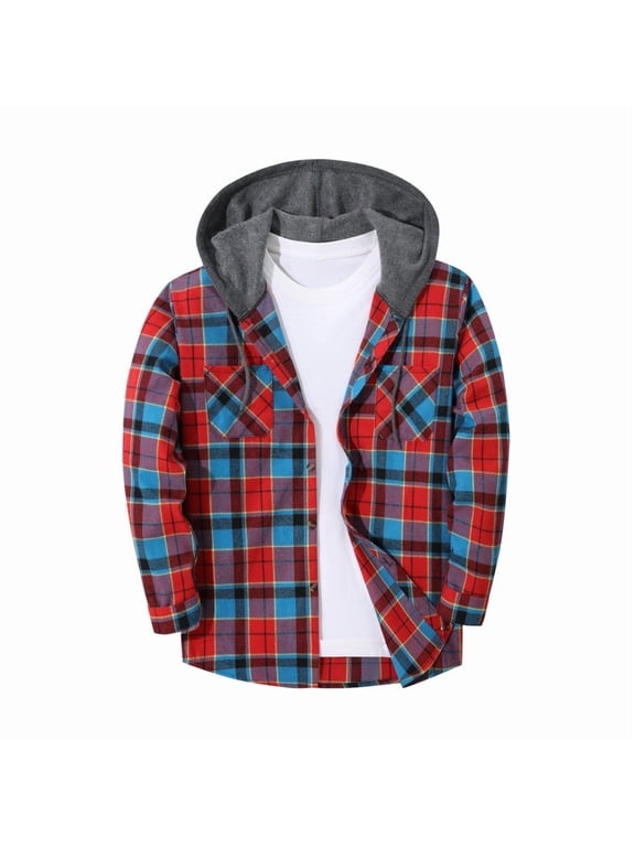 Flannel Hoodies for Men Oversized Long Sleeve Button Down Hooded Jacket Mens Fall Casual Checked Loose Comfy Plaid Hood Outwear