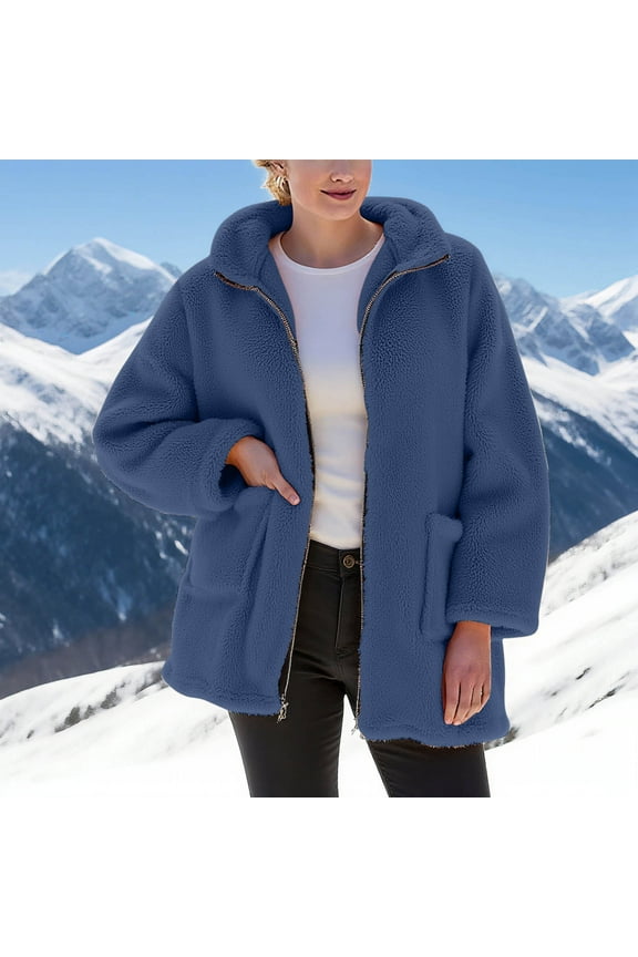 Fleece Jackets for Women Zipper Fuzzy Cardigan Open Front Jackets Coat Oversized Long Sleeve Thicken Warm Winter Jacket Outwear Womens Casual Solid Loose Long Sleeve Hoodless Jackets Tops