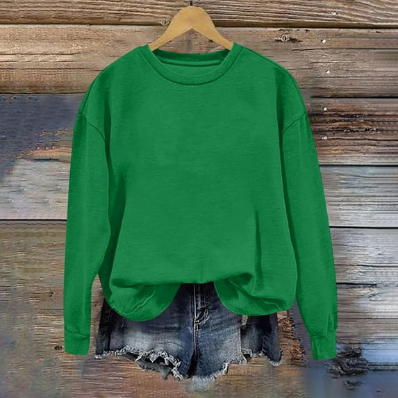 Yteetum Green Light Weight Sweatshirt for Women Round Neck Solid Color Loose Fitting Hoodless Sweatshirt Ladies Crew Neck Comfortable Sweatshirts Tops