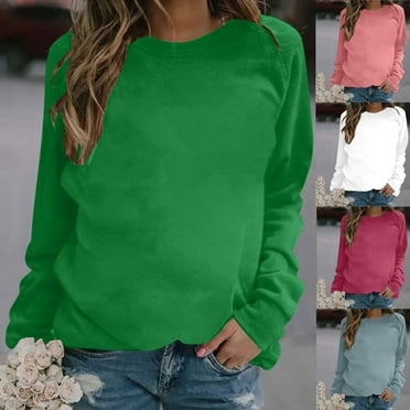 Yteetum Green Womens Sweatshirt Casual Round Neck Solid Color Long Sleeve Sweatshirt Top Ladies Fashion Comfortable Crew Neck Hoodless Sweatshirt-Summer Savings Clearance