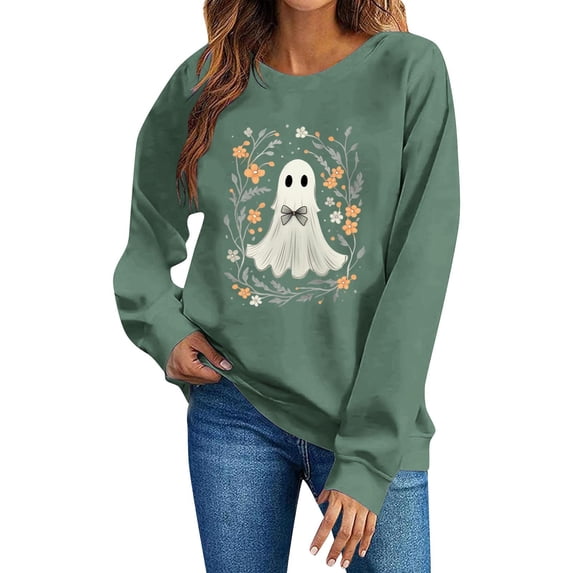 Yteetum Halloween Sweatshirt for Women Oversized Crewneck Long Sleeve Shirts Fall Casual Graphic Printed Round Neck Loose Lightweight Comfy Hoodless Sweatshirts