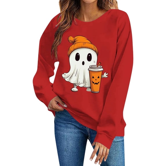 Yteetum Halloween Sweatshirt for Women Oversized Crewneck Long Sleeve Shirts Fall Casual Graphic Printed Round Neck Loose Lightweight Comfy Hoodless Sweatshirts