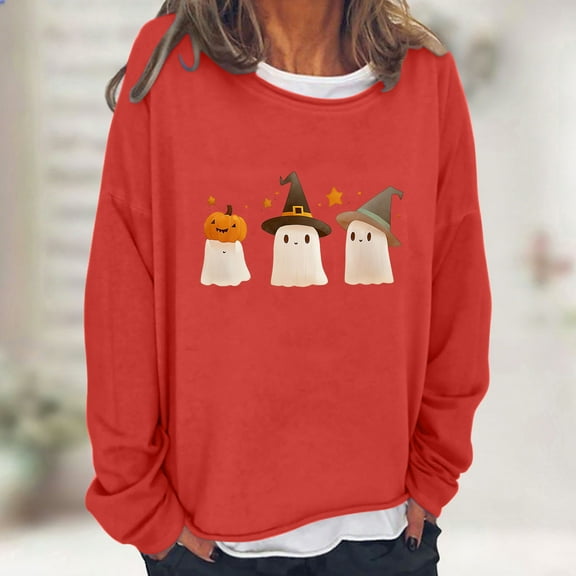 Yteetum Halloween Sweatshirts for Women Fake Two Piece Oversized Crewneck Cute Ghosts Graphic Pullover Hoodless Sweatshirts Top Womens Casual Halloween Print Round Neck Sweatshirts Fall Clothes
