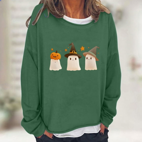 Yteetum Halloween Sweatshirts for Women Fake Two Piece Oversized Crewneck Cute Ghosts Graphic Pullover Hoodless Sweatshirts Top Womens Casual Halloween Print Round Neck Sweatshirts Fall Clothes