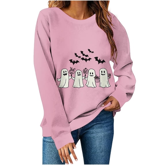 Yteetum Halloween Sweatshirts Women Long Sleeve Ghost Pumpkin Graphic Print Crewneck Pullover Sweatshirt Fall Loose Comfy Spooky Season Round Neck Sweatshirt Holiday Tops