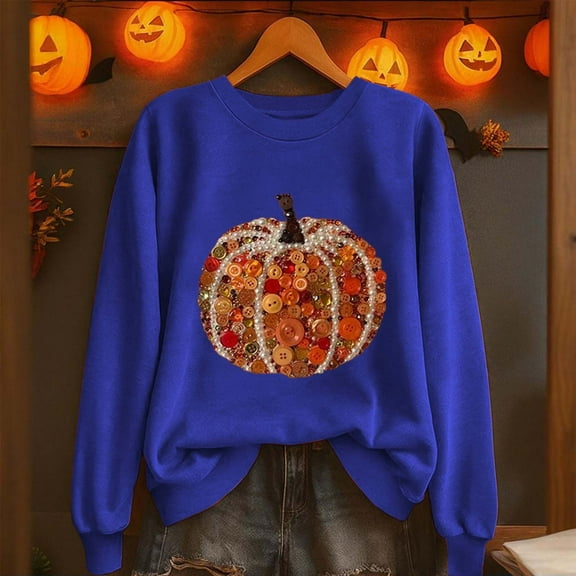 Yteetum Halloween Thanksgiving Sweatshirts for Women Pumpkin Print Crewneck Hoodless Sweatshirt Tops Womens Casual Halloween Pumpkin Print Round Neck Loose Fits Long Sleeve Sweatshirts Fall