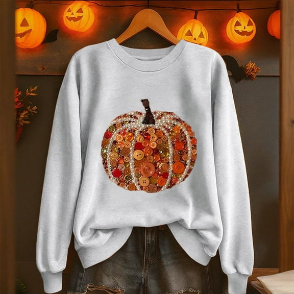 Yteetum Halloween Thanksgiving Sweatshirts for Women Pumpkin Print Crewneck Hoodless Sweatshirt Tops Womens Casual Halloween Pumpkin Print Round Neck Loose Fits Long Sleeve Sweatshirts Fall
