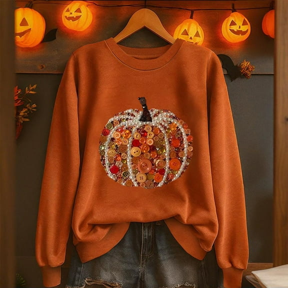 Yteetum Halloween Thanksgiving Sweatshirts for Women Pumpkin Print Crewneck Hoodless Sweatshirt Tops Womens Casual Halloween Pumpkin Print Round Neck Loose Fits Long Sleeve Sweatshirts Fall