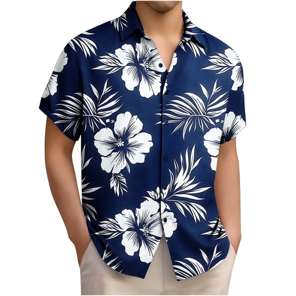 Yteetum Hawaiian Shirt for Men Oversized Floral Print Lapel Button Down Hawaiian Short Sleeve Shirts Mens Casual Plus Size Button Hawaiian Print Resort Style T Shirts Summer Hawaiian Beach Tee Shirt