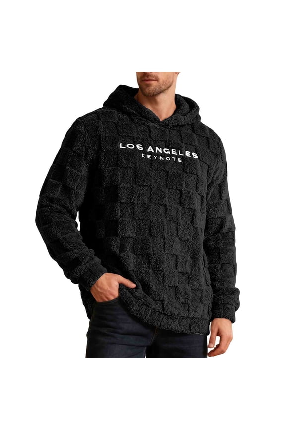 Hoodies for Men Oversized Plush Fleece Embroidered Hooded Sweatshirts Mens Casual Letter Print Fuzzy Embroidery Long Sleeve Thermal Hooded Sweatshirt Loose Fits Pullover Hooded Sweatshirt Top