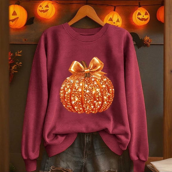 Yteetum Hoodies Sweatshirts for Women Oversize Halloween Pumpkin Print Crewneck Hoodless Sweatshirt Tops Womens Casual Pumpkin Season Print Round Neck Loose Fits Long Sleeve Sweatshirts Fall