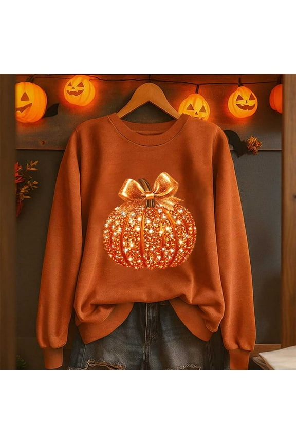 Hoodies Sweatshirts for Women Oversize Halloween Pumpkin Print Crewneck Hoodless Sweatshirt Tops Womens Casual Pumpkin Season Print Round Neck Loose Fits Long Sleeve Sweatshirts Fall