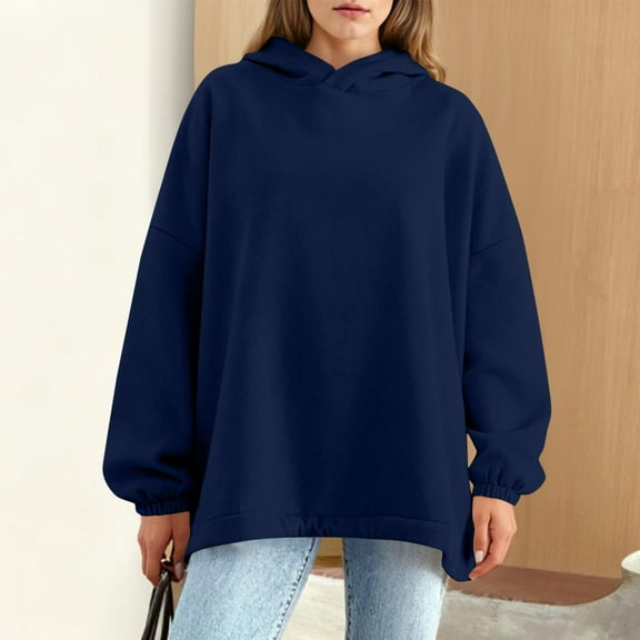Yteetum Hoodies for Women Oversized Crewneck Adjustable Drawstring Hem Pullover Hooded Sweatshirts Tops Womens Casual Solid Plus Sized Loose Long Sleeve Hooded Sweatshirts Fall Winter Clothes Clothes