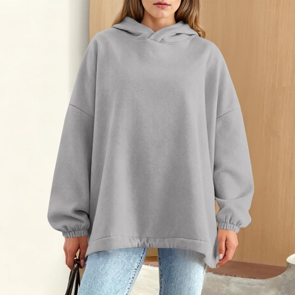 Yteetum Hoodies for Women Oversized Crewneck Adjustable Drawstring Hem Pullover Hooded Sweatshirts Tops Womens Casual Solid Plus Sized Loose Long Sleeve Hooded Sweatshirts Fall Winter Clothes Clothes