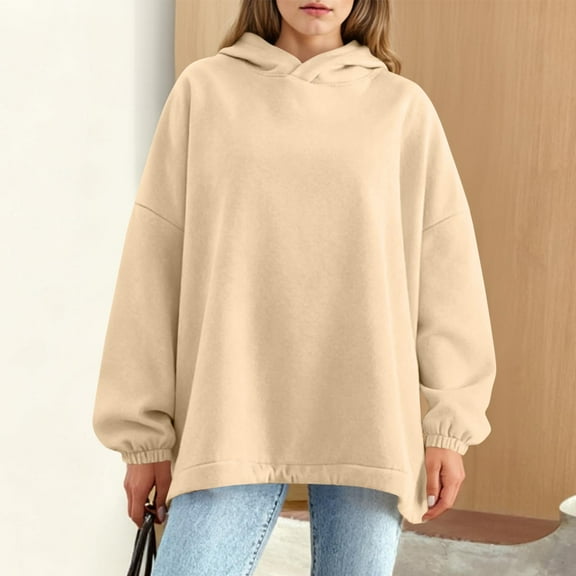 Yteetum Hoodies for Women Oversized Crewneck Adjustable Drawstring Hem Pullover Hooded Sweatshirts Tops Womens Casual Solid Plus Sized Loose Long Sleeve Hooded Sweatshirts Fall Winter Clothes Clothes
