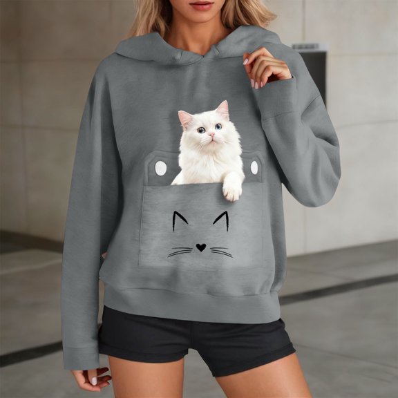 Yteetum Hoodies for Women Oversized Drawstring Front Carry Pet Pouch Pullover Hooded Sweatshirts Womens Pet Graphic Print Loose Pet Big Pockets Long Sleeve Hooded Sweatshirt Fall Clothes Clothes