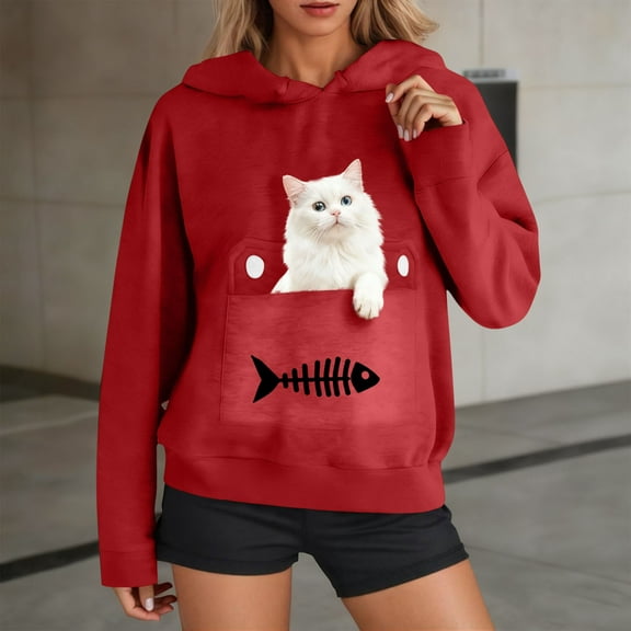 Yteetum Hoodies for Women Oversized Drawstring Front Carry Pet Pouch Pullover Hooded Sweatshirts Womens Pet Graphic Print Loose Pet Big Pockets Long Sleeve Hooded Sweatshirt Fall Clothes Clothes