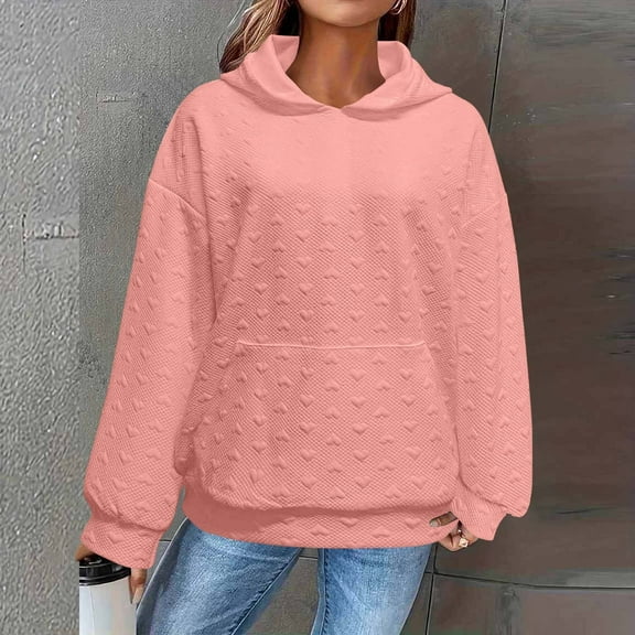 Yteetum Hoodies for Women Solid Color Loose Jacquard Long Sleeve Sweatshirts Hooded Ladies Casual Fashion Lightweight Comfortable Long Sleeve Pullover Sweatshirt with Pockets Fall