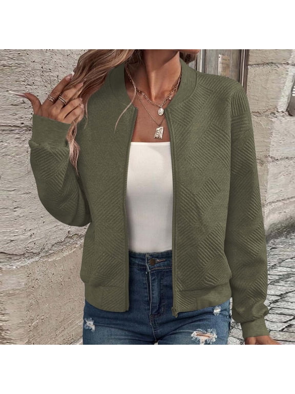 Jackets for Women Spring and Fall Casual Solid Color Long Sleeve Zip Up Jacket Coat Ladies Leisure Loose Comfy Fall Round Neck Lightweight Elegant Office Work Jacket Outwear On L