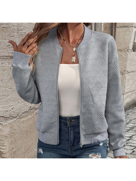 Jackets for Women Spring and Fall Casual Solid Color Long Sleeve Zip Up Jacket Coat Ladies Leisure Loose Comfy Fall Round Neck Lightweight Elegant Office Work Jacket Outwear On M