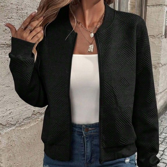 Yteetum Jackets for Women Spring and Fall Casual Solid Color Long Sleeve Zip Up Jacket Coat Ladies Leisure Loose Comfy Fall Round Neck Lightweight Elegant Office Work Jacket Outwear On M