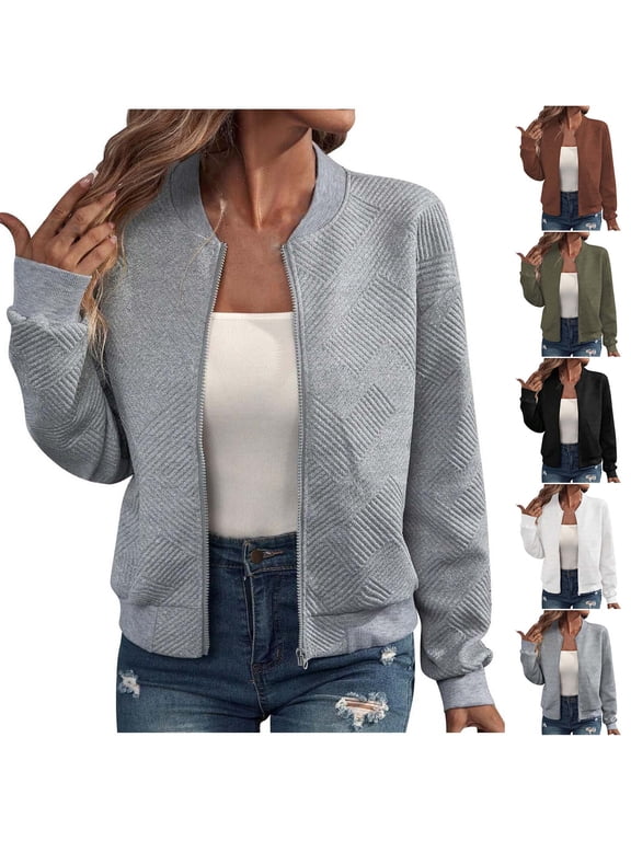 Jackets for Women Spring and Fall Casual Solid Color Long Sleeve Zip Up Jacket Coat Ladies Leisure Loose Comfy Fall Round Neck Lightweight Elegant Office Work Jacket Outwear XL