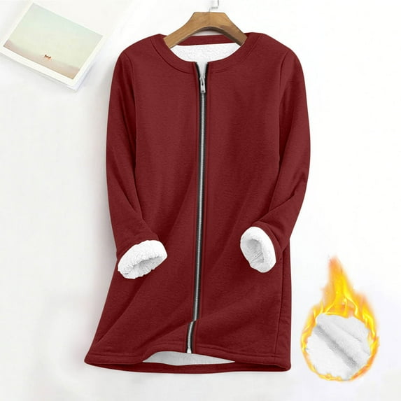 Yteetum Jackets for Women Zipper Oversized Lined Fleece Crewneck Hoodless Jackets Loungewear Coat Top Womens Causal Solid Loose Long Sleeved Round Neck Full Zipper Thick Lambswool Warm Jacket Outwear