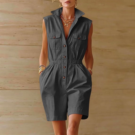 Yteetum Jumpsuits for Women Summer Turndown Collared Button Down Rompers Women Casual Solid Stand Collared Loose Lightweight Comfy Overalls