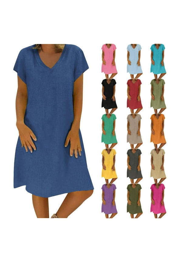 Khaki Dresses for Women Summer Fashion Solid Color Loose Fitting Cotton Linen Dress Comfortable V-neck Knee Length Casual Loungewear Ladies Dresses XL
