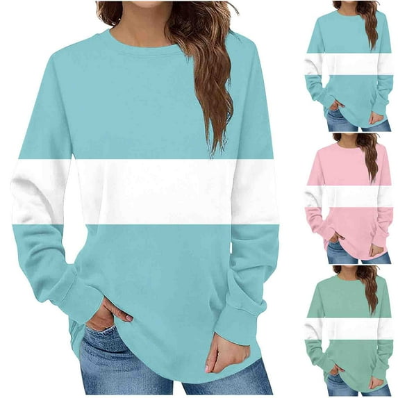 Yteetum Light Blue Women's Sweatshirt Colorblock Long Sleeve Round Neck Hoodless Sweatshirt Tops Ladies Comfortable Casual Loose Pullover Sweatshirt