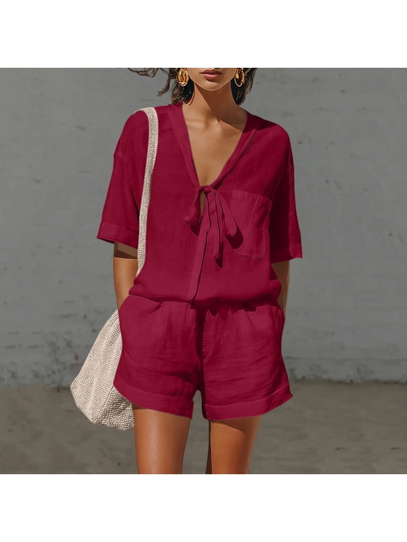 Linen Shorts Sets Women 2 Piece Summer Tie Front Short Sleeve Tops and Shorts Lounge Set Casual Solid Loose Lightweight Breathable Beach Vacation Cotton Linen Outfits Set