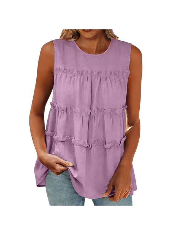 Linen Tank Tops for Women Oversized Crewneck Sleeveless Cotton Linen Shirt Summer Solid Round Neck Loose Lightweight Comfy Tank