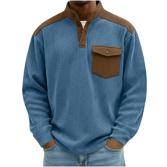Yteetum Long Sleeve Polos Shirts for Men Oversized Quarter Button Turndown Collar Waffle Weave Corduroy Long Sleeve Golf Shirt Mens Casual Colorblock Half Button Lapel Regular Fits Comfy T Shirts Top