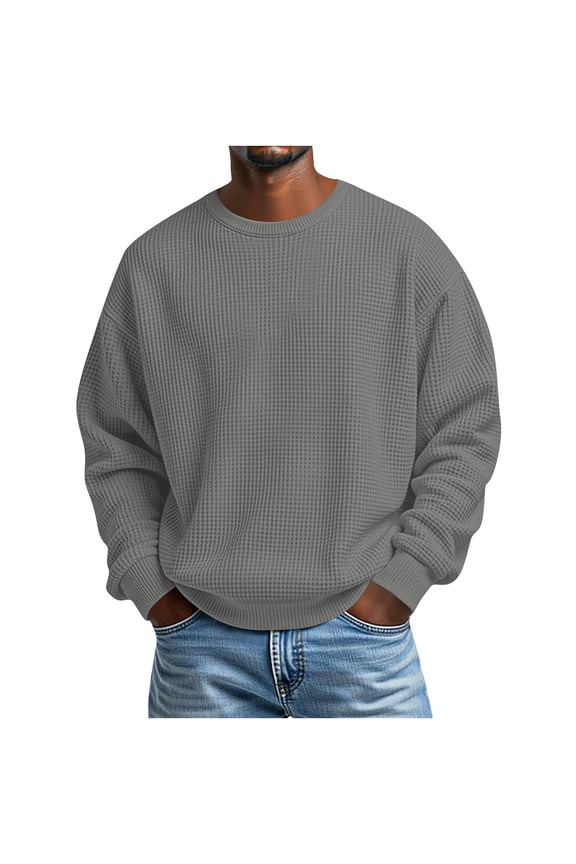 Long Sleeve Shirts for Men Oversized Crewneck Slim Fits Pullover Waffle Weave Shirts Top Mens Casual Solid Round Neck Regular Fits Loose Comfy Everyday Versatile Tee Shirt Fall Spring Clothes