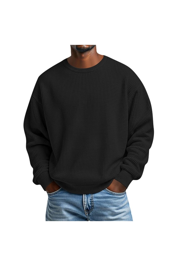 Long Sleeve Shirts for Men Oversized Crewneck Slim Fits Pullover Waffle Weave Shirts Top Mens Casual Solid Round Neck Regular Fits Loose Comfy Everyday Versatile Tee Shirt Fall Spring Clothes