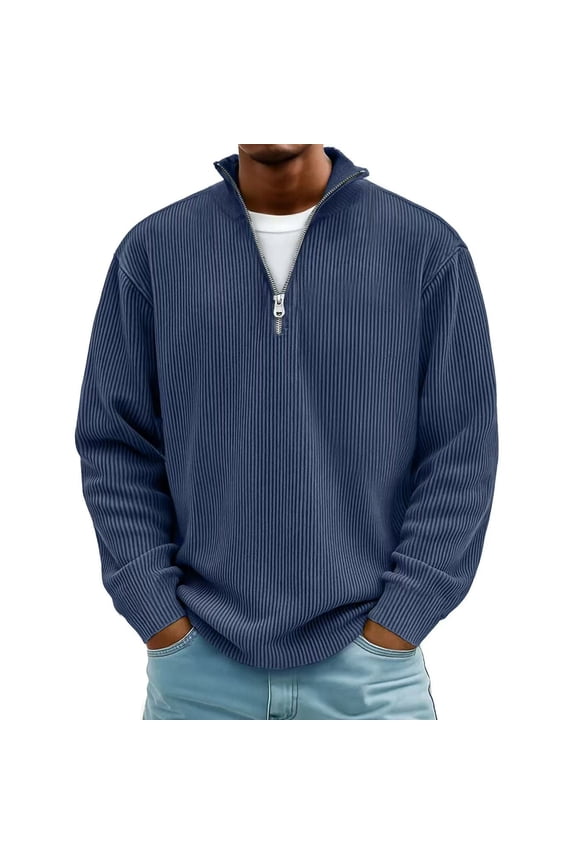 Long Sleeve Shirts for Men Oversized Quarter Zip Ribbed Mock Neck T Shirt Pullover Top Mens Casual Solid Half Zip Stand Collar Versatile Regular Fits Comfortable Tee Shirt Fall Spring Clothes