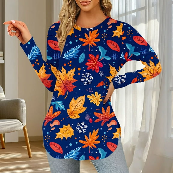 Yteetum Long Sleeve Shirts for Women Fall Tops Crewneck Casual Maple Leaf Print Long Sleeve T-Shirts Tunic Top Womens Solid Loose Lightweight Comfy Round Neck Fall Winter Base Layer Tee Shirts Tunic