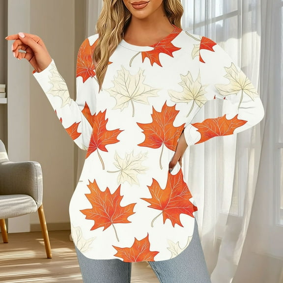 Yteetum Long Sleeve Shirts for Women Fall Tops Crewneck Casual Maple Leaf Print Long Sleeve T-Shirts Tunic Top Womens Solid Loose Lightweight Comfy Round Neck Fall Winter Base Layer Tee Shirts Tunic