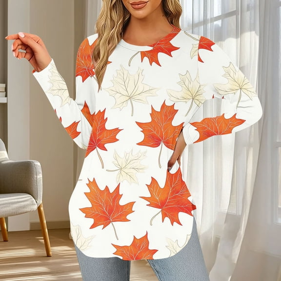 Yteetum Long Sleeve Shirts for Women Fall Tops Crewneck Casual Maple Leaf Print Long Sleeve T-Shirts Tunic Top Womens Solid Loose Lightweight Comfy Round Neck Fall Winter Base Layer Tee Shirts Tunic