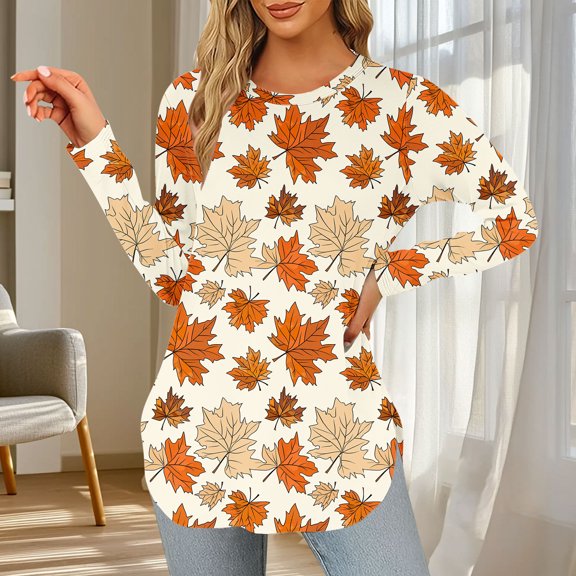 Yteetum Long Sleeve Shirts for Women Fall Tops Crewneck Casual Maple Leaf Print Long Sleeve T-Shirts Tunic Top Womens Solid Loose Lightweight Comfy Round Neck Fall Winter Base Layer Tee Shirts Tunic