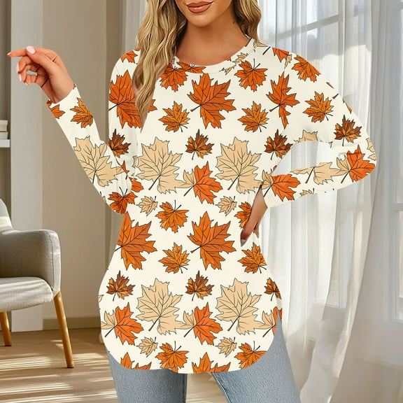 Yteetum Long Sleeve Shirts for Women Fall Tops Crewneck Casual Maple Leaf Print Long Sleeve T-Shirts Tunic Top Womens Solid Loose Lightweight Comfy Round Neck Fall Winter Base Layer Tee Shirts Tunic