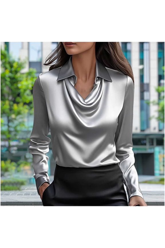 Long Sleeve Shirts for Women Oversized Cowl Neck Dressy Drape Ruched Front Satin Silk Business Blouses Top Womens Casual Solid Plus Size Lapel Comfy Office Work Formal T Shirt Spring Clothes