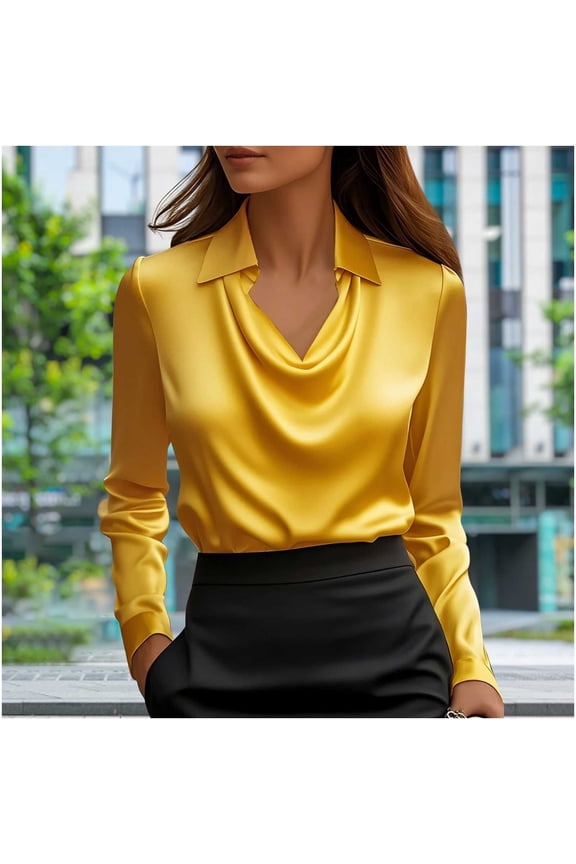 Long Sleeve Shirts for Women Oversized Cowl Neck Dressy Drape Ruched Front Satin Silk Business Blouses Top Womens Casual Solid Plus Size Lapel Comfy Office Work Formal T Shirt Spring Clothes