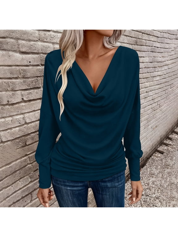 Long Sleeve Shirts for Women Oversized Cowl Neck T Shirts Womens Casual Solid Plus Size V Neck Loose Fits Comfy Soft Tee Shirt Versatile for Everyday Wear Office Fall Spring Clothes
