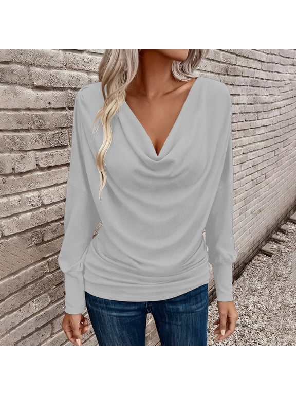 Long Sleeve Shirts for Women Oversized Cowl Neck T Shirts Womens Casual Solid Plus Size V Neck Loose Fits Comfy Soft Tee Shirt Versatile for Everyday Wear Office Fall Spring Clothes