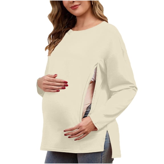 Yteetum Long Sleeve Shirts for Women Oversized Crewneck Maternity Nursing Breastfeed Hidden Zipper Side Split T Shirt Top Womens Casual Solid Plus Size Round Neck Loose Comfy Soft Maternity Tee Shirt
